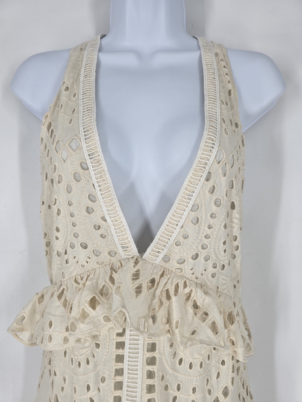 Hemant and Nandita Beige Layered Eyelet Maxi Dress V-Neck Size S NEW Sample - Picture 3 of 11